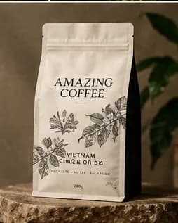 Amazing Coffee retail bag standing on natural wood surface with plants