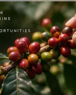 Hands reaching for ripe coffee cherries on the branch